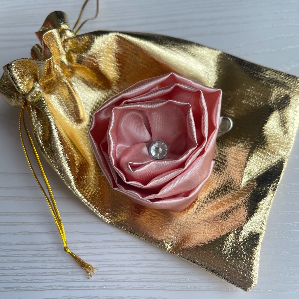 Pink Satin Flower Hair Clip With Rhinestone, Satin Flowers, Hair Clips